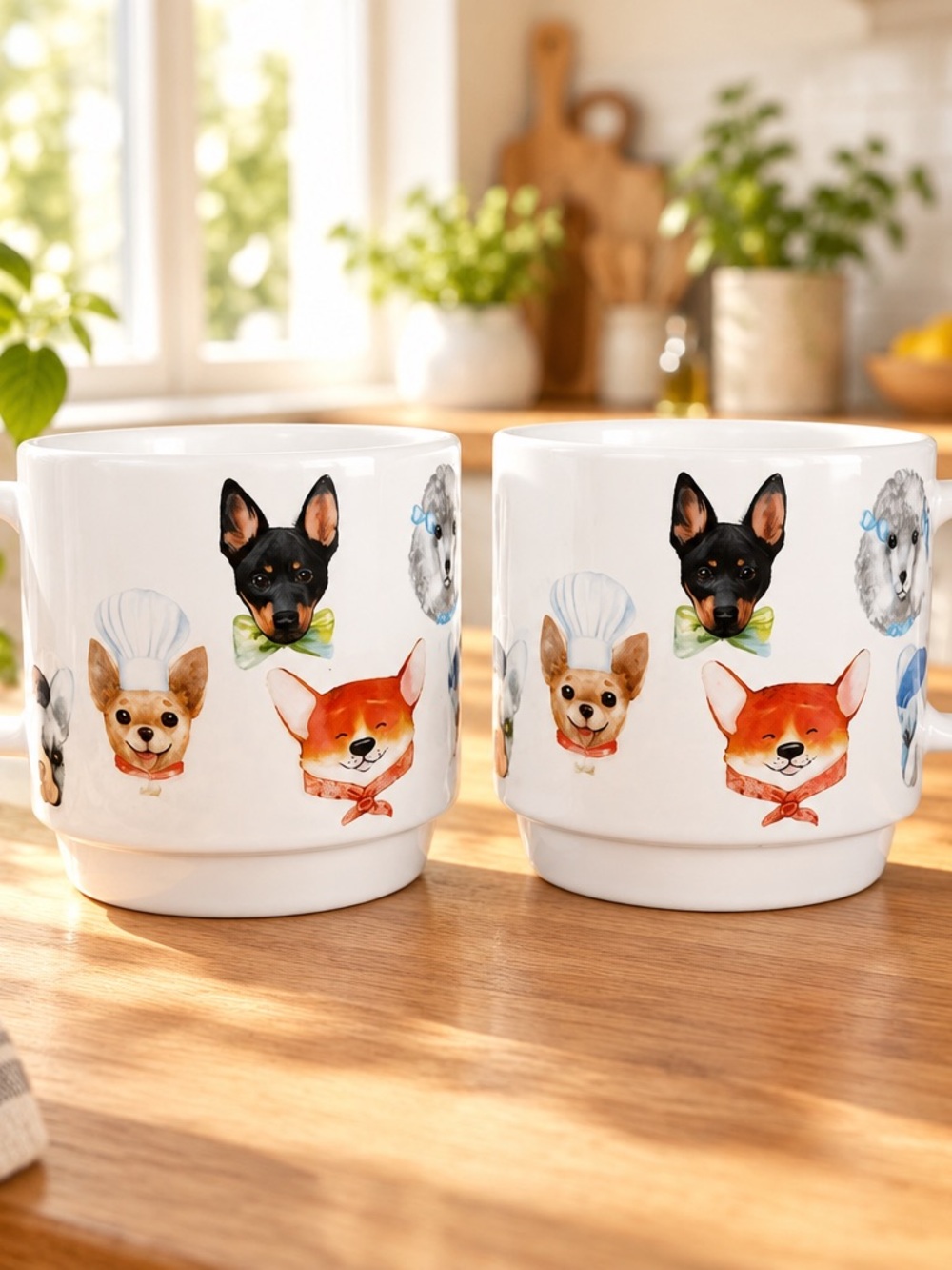 Ceramic Dog Pattern White Mug Set - Home Accents -Microwave Safe